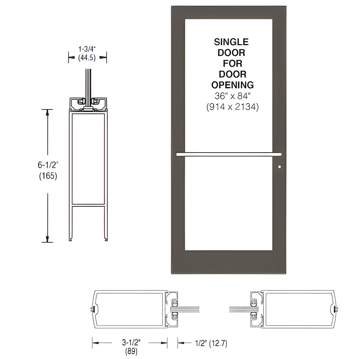 CRL-U.S. Aluminum Bronze Black Anodized 400 Series Medium Stile (LHR) HLSO Single 3'0 x 7'0 Center Hung for OHCC w/Standard Push Bars Complete Door Std. MS Lock & Bottom Rail