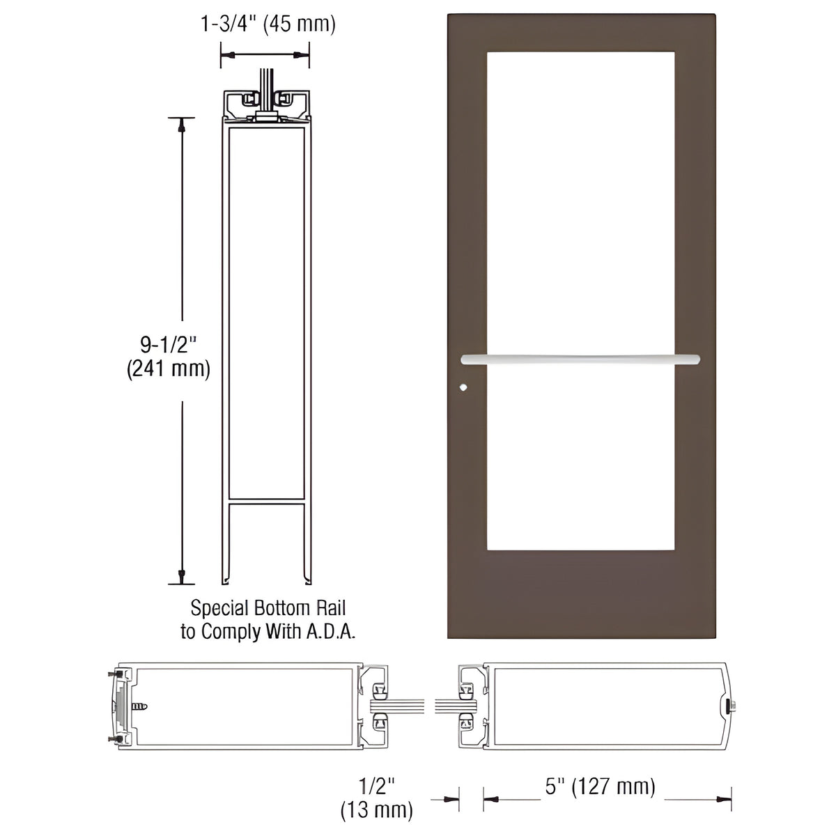 CRL-U.S. Aluminum Bronze Black Anodized 550 Series Wide Stile Active Leaf of Pair 3'0 x 7'0 Center Hung for OHCC w/Standard Push Bars Complete ADA Door(s) with Lock Indicator, Cyl Guard