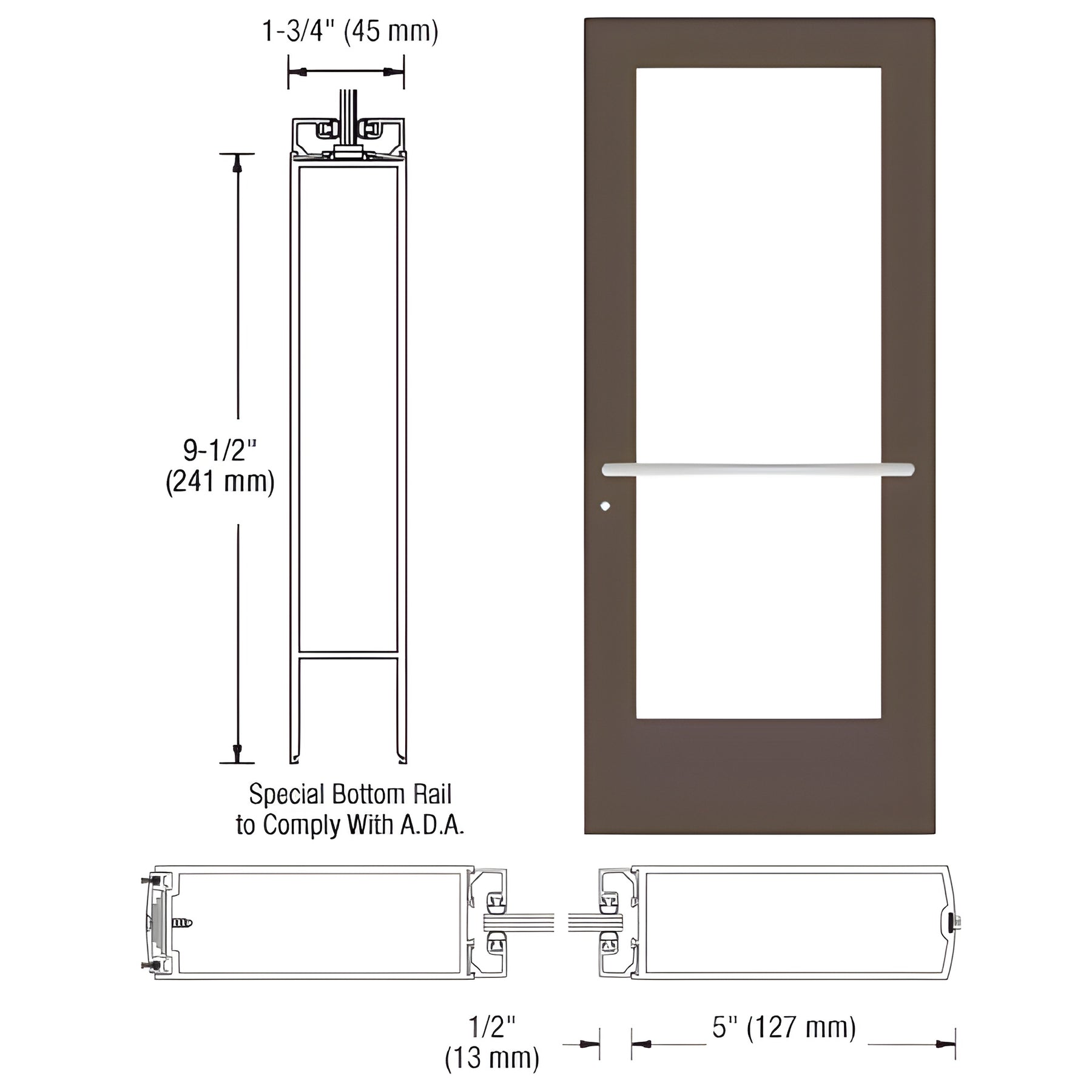CRL-U.S. Aluminum Bronze Black Anodized 550 Series Wide Stile Active Leaf of Pair 3'0 x 7'0 Center Hung for OHCC w/Standard Push Bars Complete ADA Door(s) with Lock Indicator, Cyl Guard