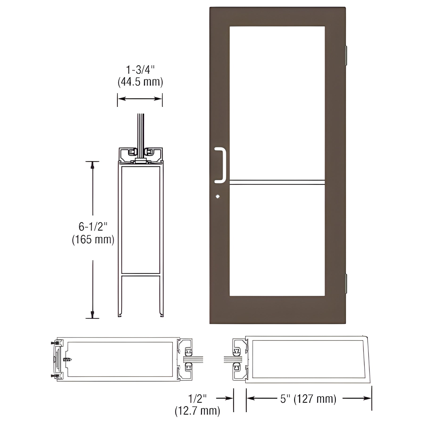 CRL-U.S. Aluminum Bronze Black Anodized 550 Series Wide Stile Active Leaf of Pair 3'0 x 7'0 Offset Hung with Butt Hinges for Surf Mount Closer Complete Door Std. MS Lock and Bottom Rail