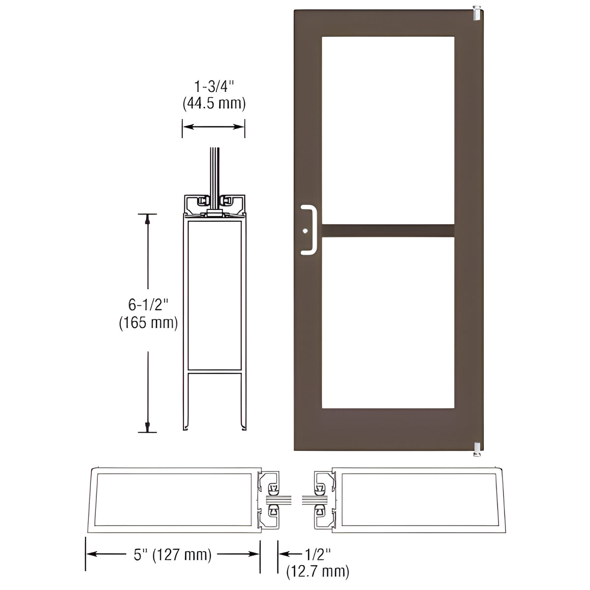 CRL-U.S. Aluminum Bronze Black Anodized 550 Series Wide Stile (RHR) HRSO Single 3'0 x 7'0 Offset Hung with Pivots for Surf Mount Closer Complete Panic Door with Std. Panic and Bottom Rail Door for 1" Glass with Standard Panic and Bottom Rail