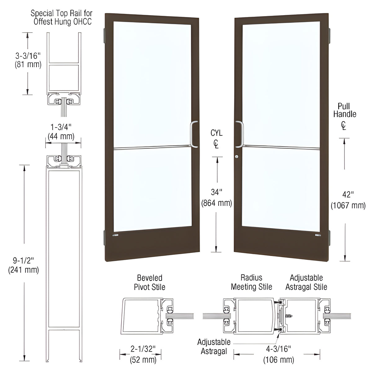 CRL-U.S. Aluminum Bronze Black Anodized Custom Pair 72" x 84" Series 250 Narrow Stile Butt Hinge Entrance Door for OHCC