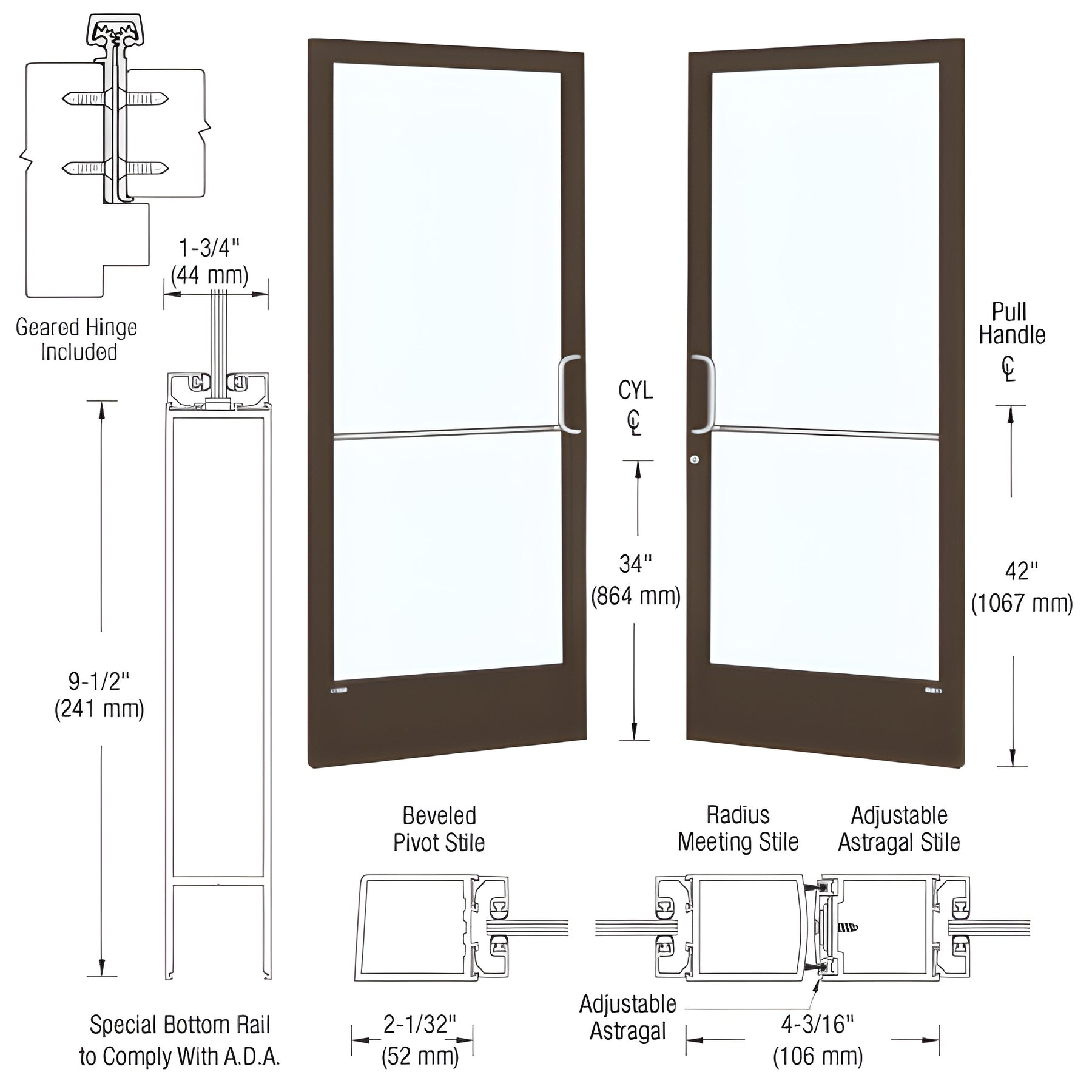 CRL-U.S. Aluminum Bronze Black Anodized Custom Pair 72" x 84" Series 250 Narrow Stile Gear Hinge Entrance Door