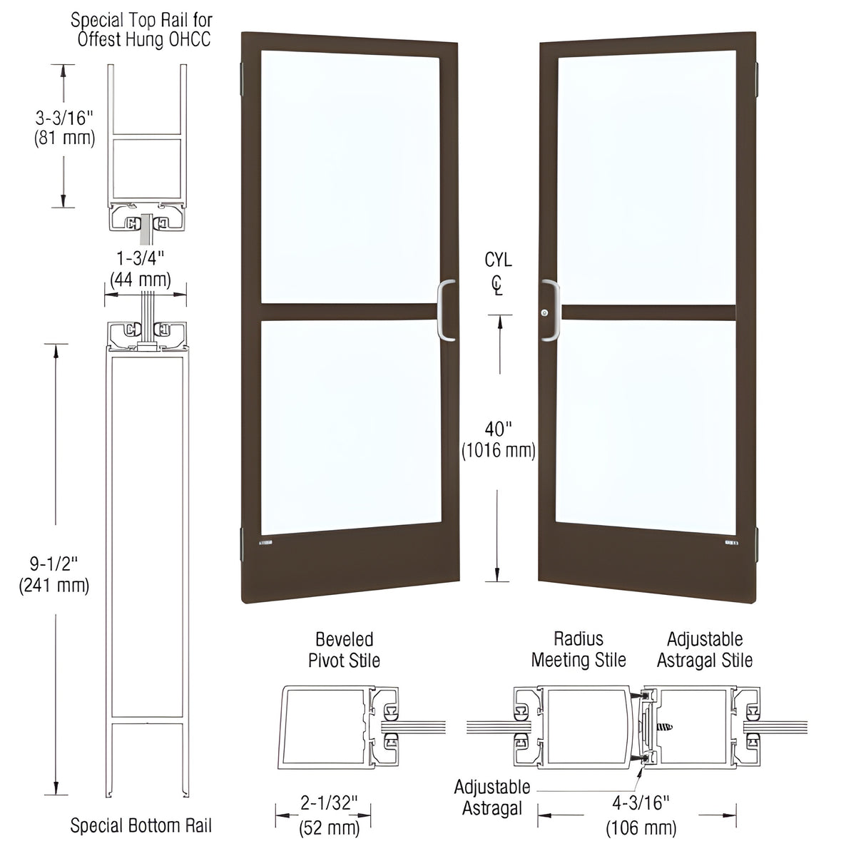 CRL-U.S. Aluminum Bronze Black Anodized Custom Pair 72" x 84" Series 250 Narrow Stile Butt Hinge Entrance Door for OHCC