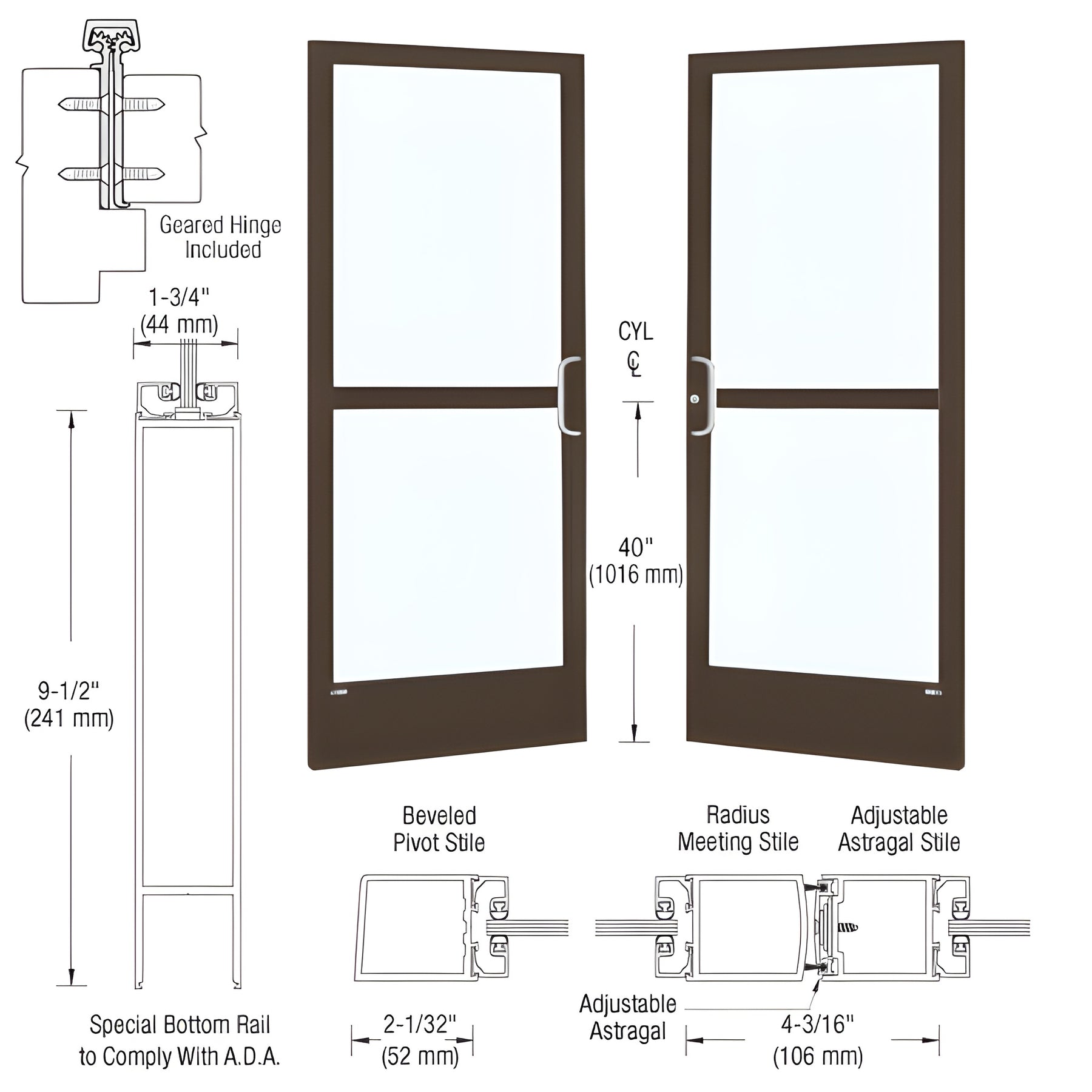 CRL-U.S. Aluminum Bronze Black Anodized Custom Pair 72" x 84" Series 250 Narrow Stile Gear Hinge Entrance Door