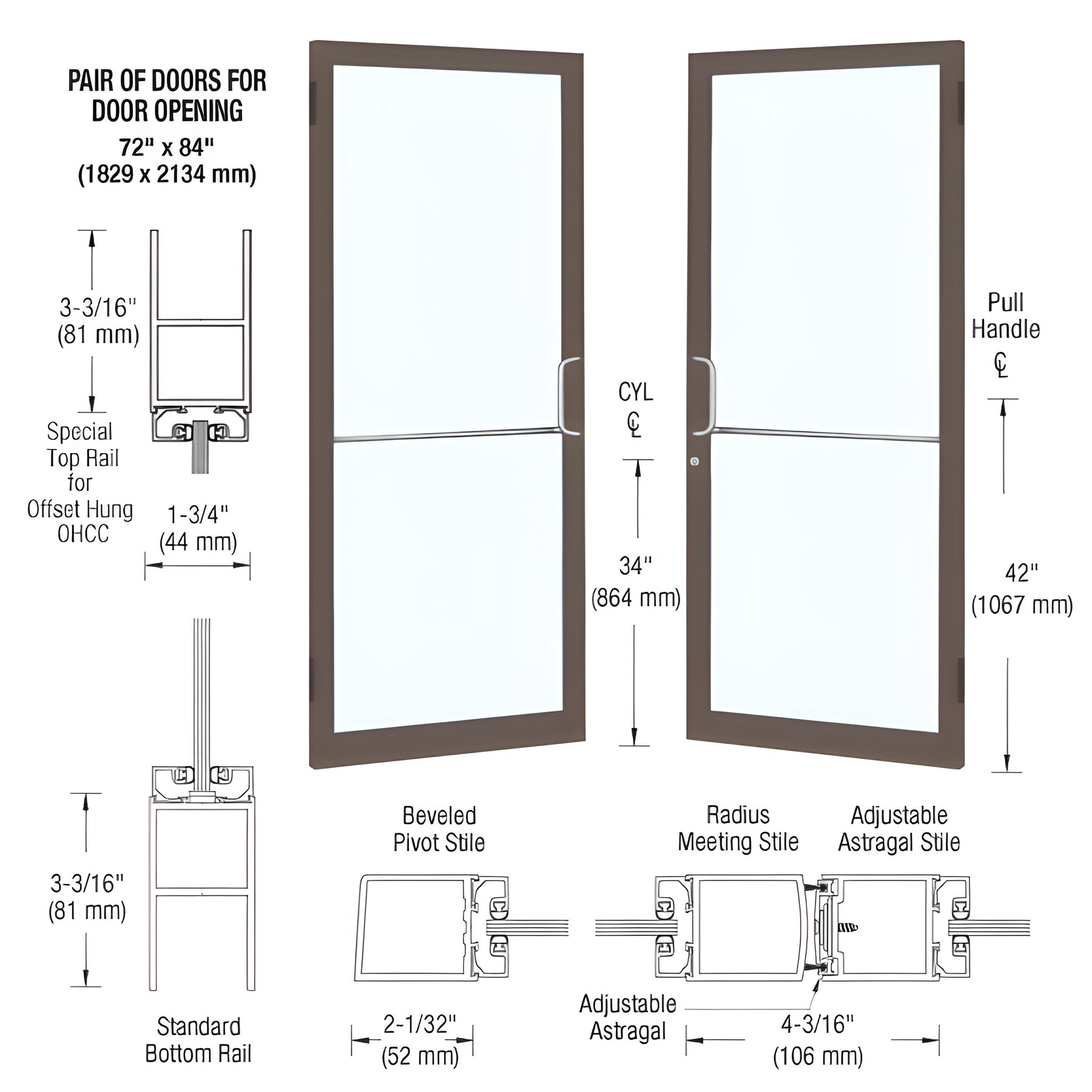 CRL-U.S. Aluminum Bronze Black Anodized Custom Pair 72" x 84" Series 250 Narrow Stile Butt Hinge Entrance Door for OHCC