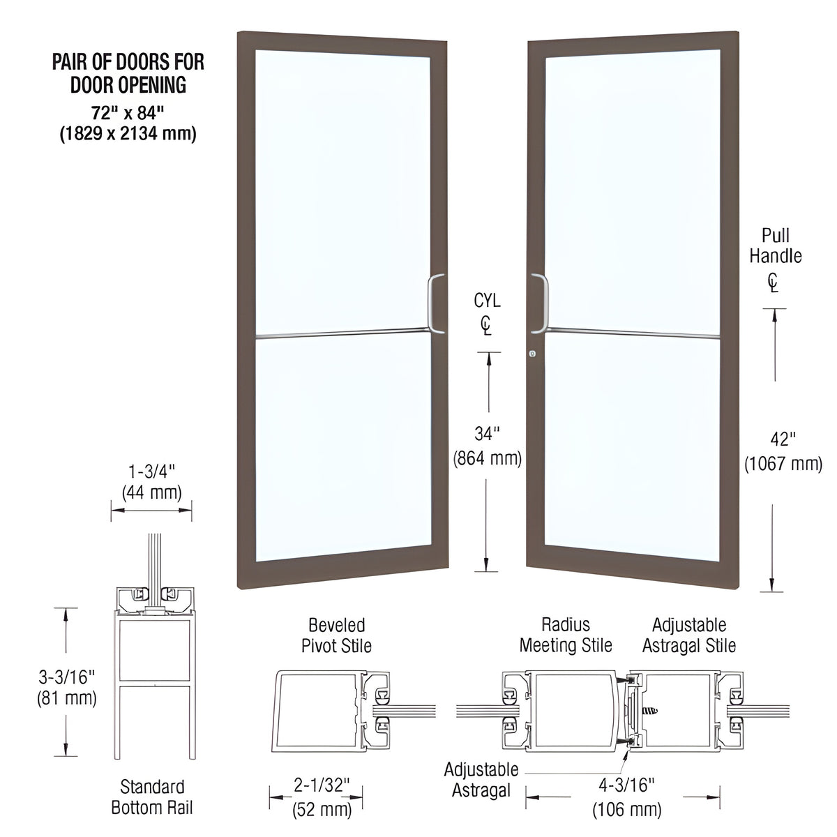 CRL-U.S. Aluminum Bronze Black Anodized Custom Pair 72" x 84" Series 250 Narrow Stile Gear Hinge Entrance Door