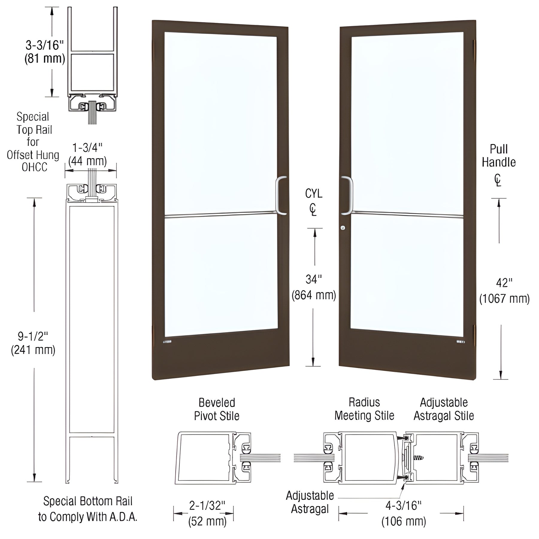 CRL-U.S. Aluminum Bronze Black Anodized Custom Pair 72" x 84" Series 250 Narrow Stile Butt Hinge Entrance Door for OHCC