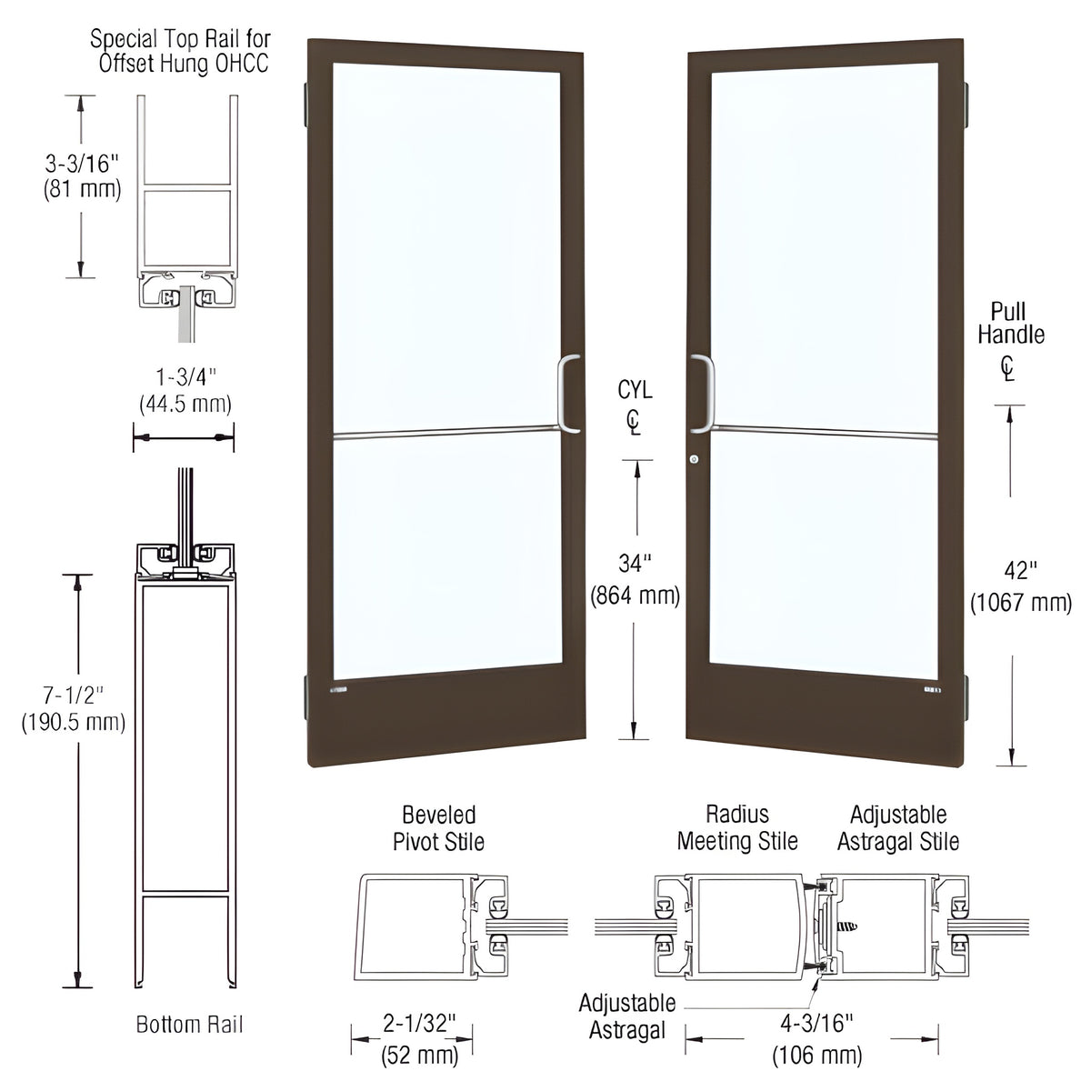 CRL-U.S. Aluminum Bronze Black Anodized Custom Pair 72" x 84" Series 250 Narrow Stile Butt Hinge Entrance Door for OHCC