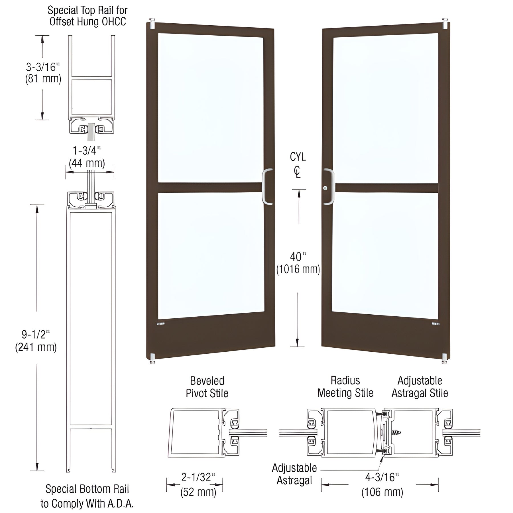 CRL-U.S. Aluminum Bronze Black Anodized Custom Pair Series 250 Narrow Stile Offset Pivot Entrance Doors With Panics for Overhead Concealed Door Closers