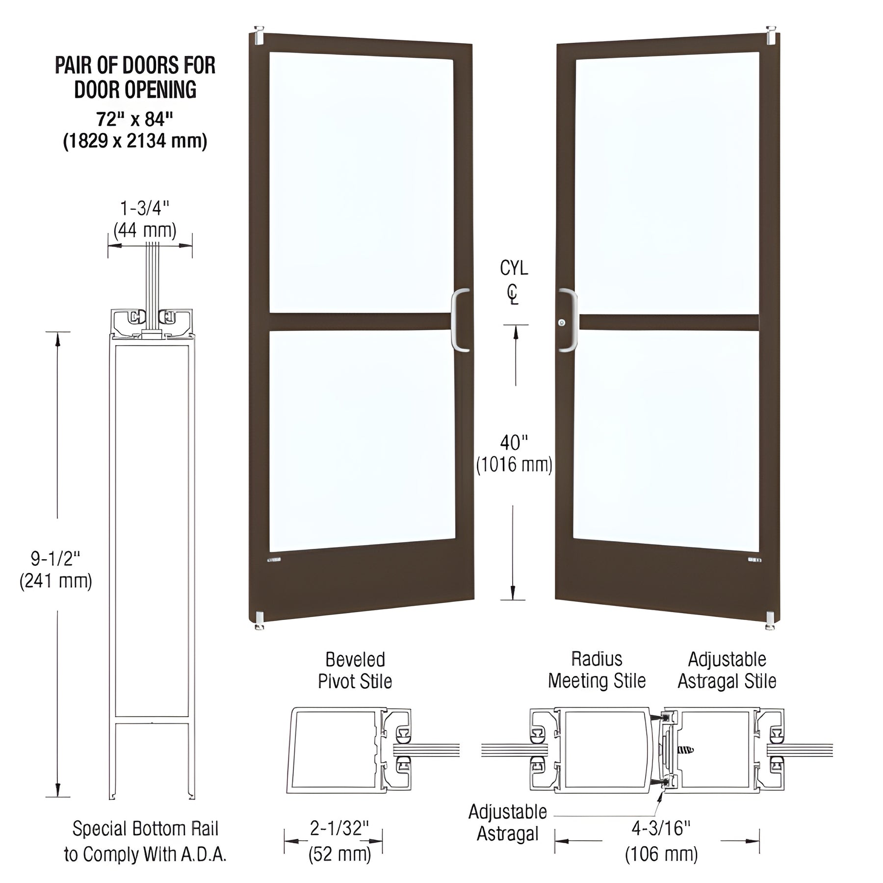 CRL-U.S. Aluminum Bronze Black Anodized Custom Pair Series 250 Narrow Stile Offset Pivot Entrance Doors With Panics for Surface Mount Door Closers