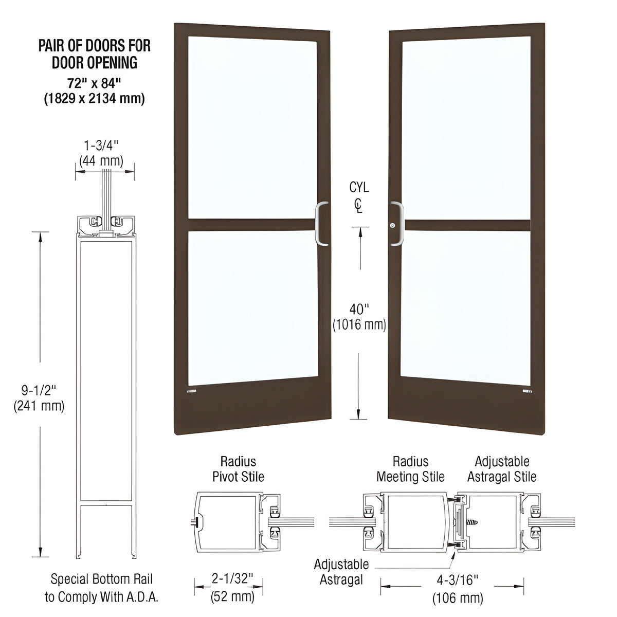 CRL-U.S. Aluminum Bronze Black Anodized Custom Pair Series 250 Narrow Stile Center Pivot Entrance Doors With Panics for Overhead Concealed Door Closers