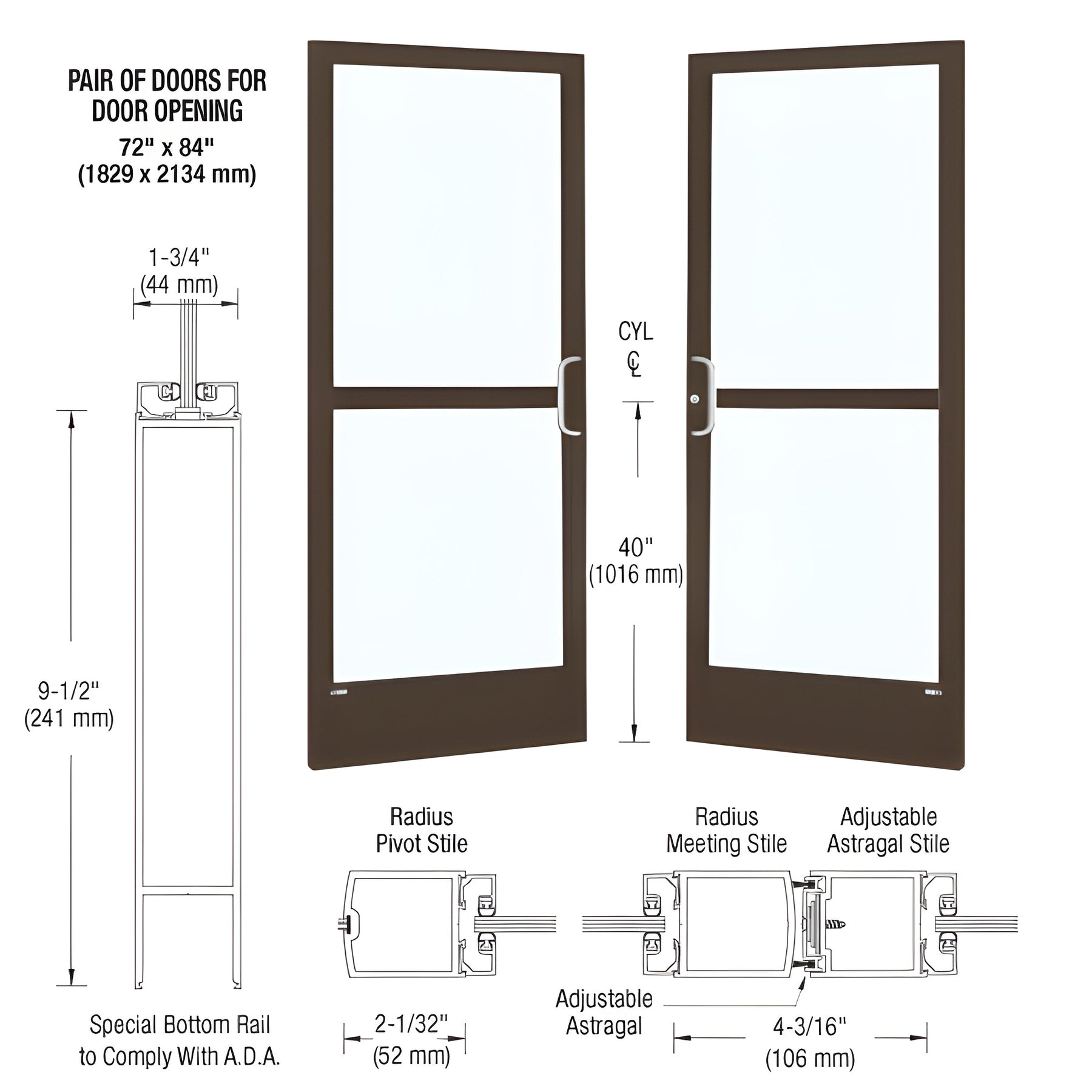 CRL-U.S. Aluminum Bronze Black Anodized Custom Pair Series 250 Narrow Stile Center Pivot Entrance Doors With Panics for Overhead Concealed Door Closers