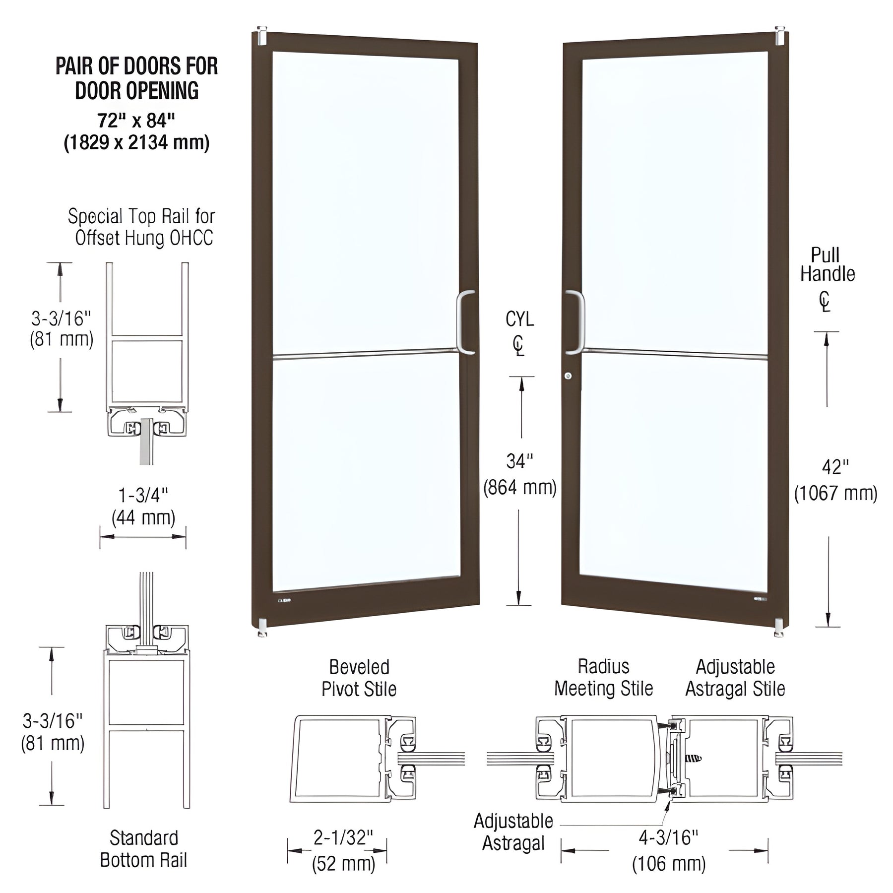 CRL-U.S. Aluminum Bronze Black Anodized Custom Pair Series 250 Narrow Stile Offset Pivot Entrance Doors for Overhead Concealed Door Closers