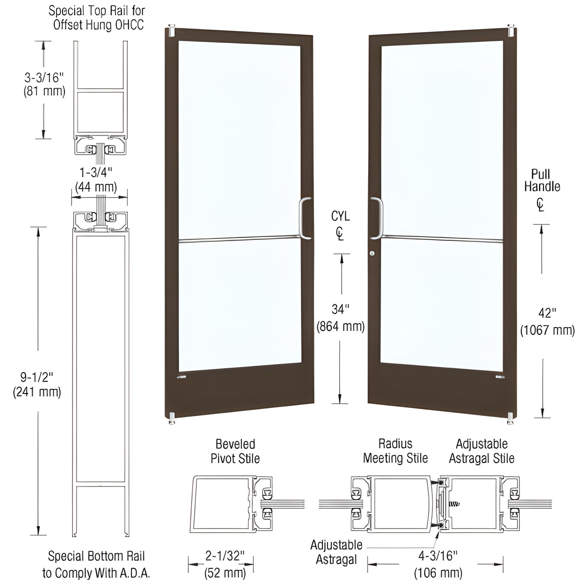 CRL-U.S. Aluminum Bronze Black Anodized Custom Pair Series 250 Narrow Stile Offset Pivot Entrance Door for Overhead Concealed Door Closers