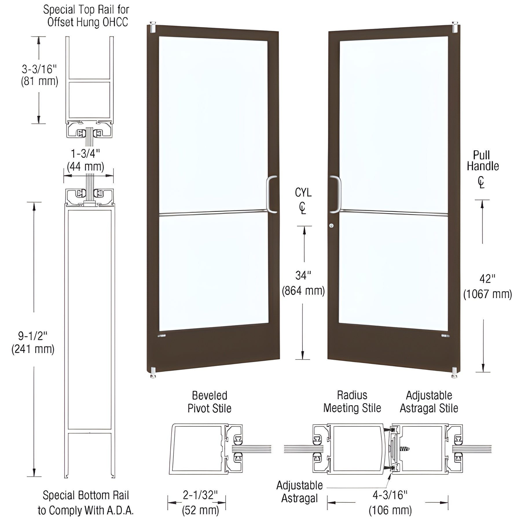 CRL-U.S. Aluminum Bronze Black Anodized Custom Pair Series 250 Narrow Stile Offset Pivot Entrance Door for Overhead Concealed Door Closers