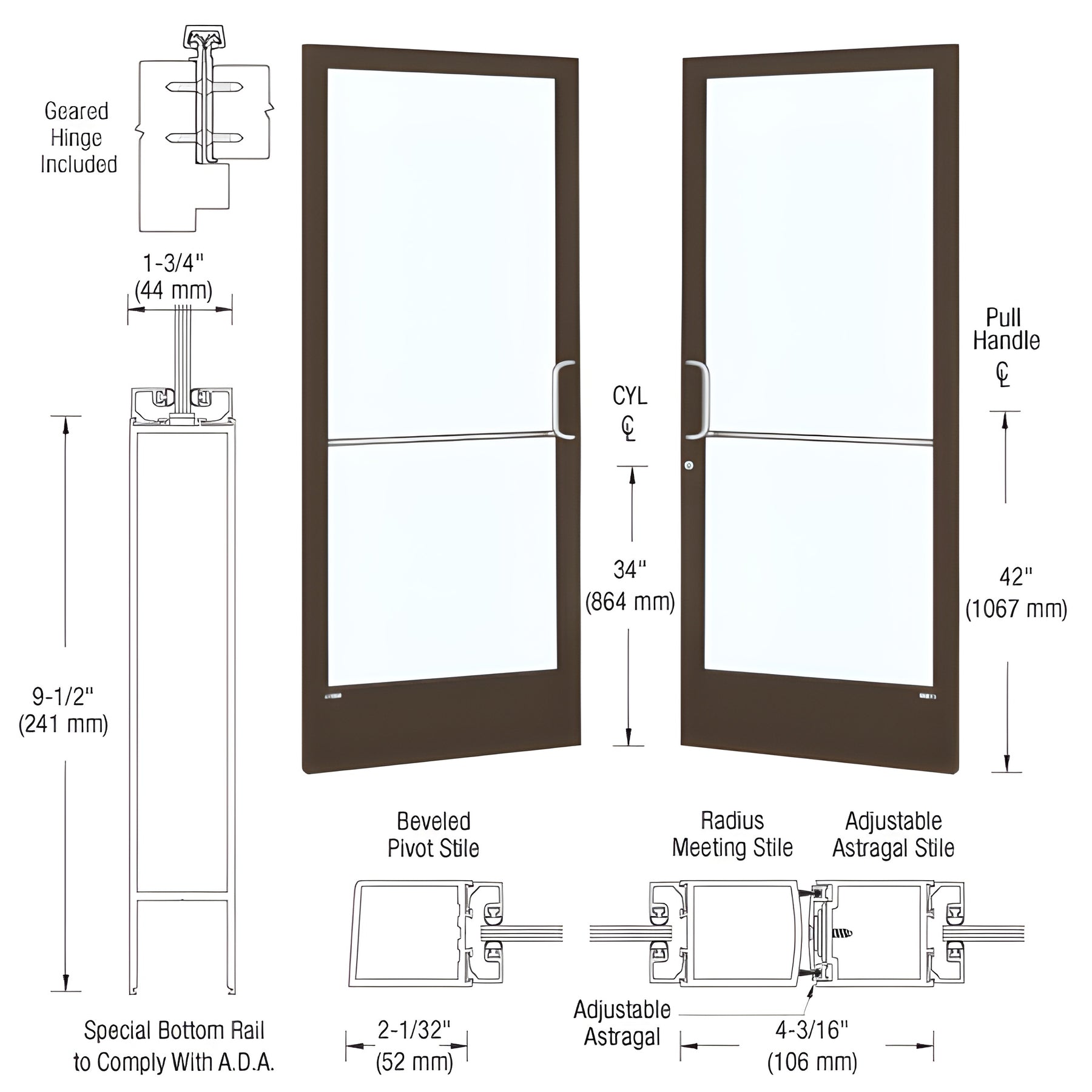 CRL-U.S. Aluminum Bronze Black Anodized Custom Pair Series 250 Narrow Stile Geared Hinge Entrance Doors With ADA Bottom Rail for Surface Mount Door Closers