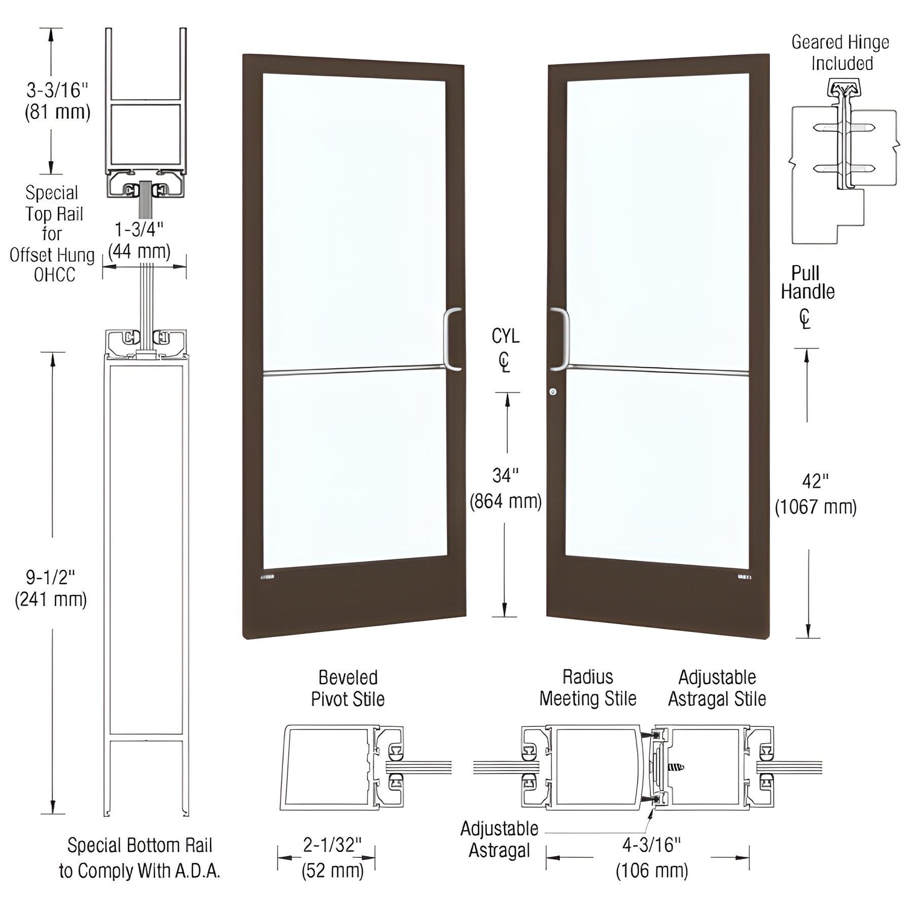 CRL-U.S. Aluminum Bronze Black Anodized Custom Pair Series 250 Narrow Stile Geared Hinged Entrance Doors for Overhead Concealed Door Closers
