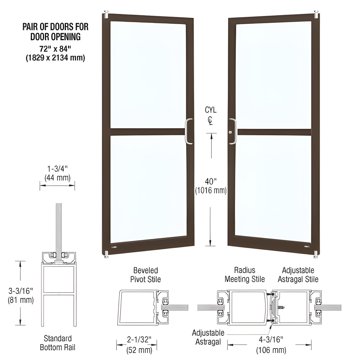 CRL-U.S. Aluminum Bronze Black Anodized Custom Pair Series 250 Narrow Stile Offset Pivot Entrance Doors For Panics for Surface Mount Door Closers