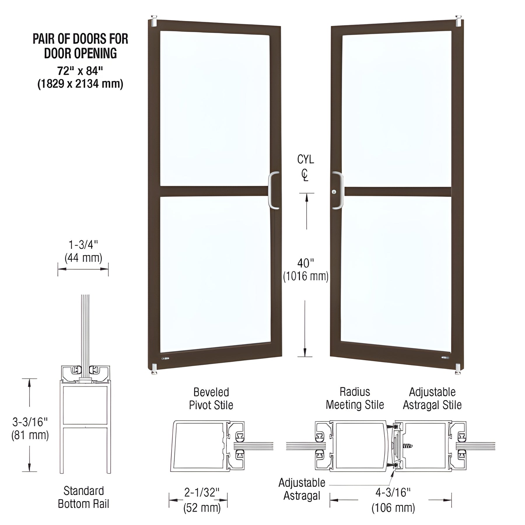 CRL-U.S. Aluminum Bronze Black Anodized Custom Pair Series 250 Narrow Stile Offset Pivot Entrance Doors For Panics for Surface Mount Door Closers