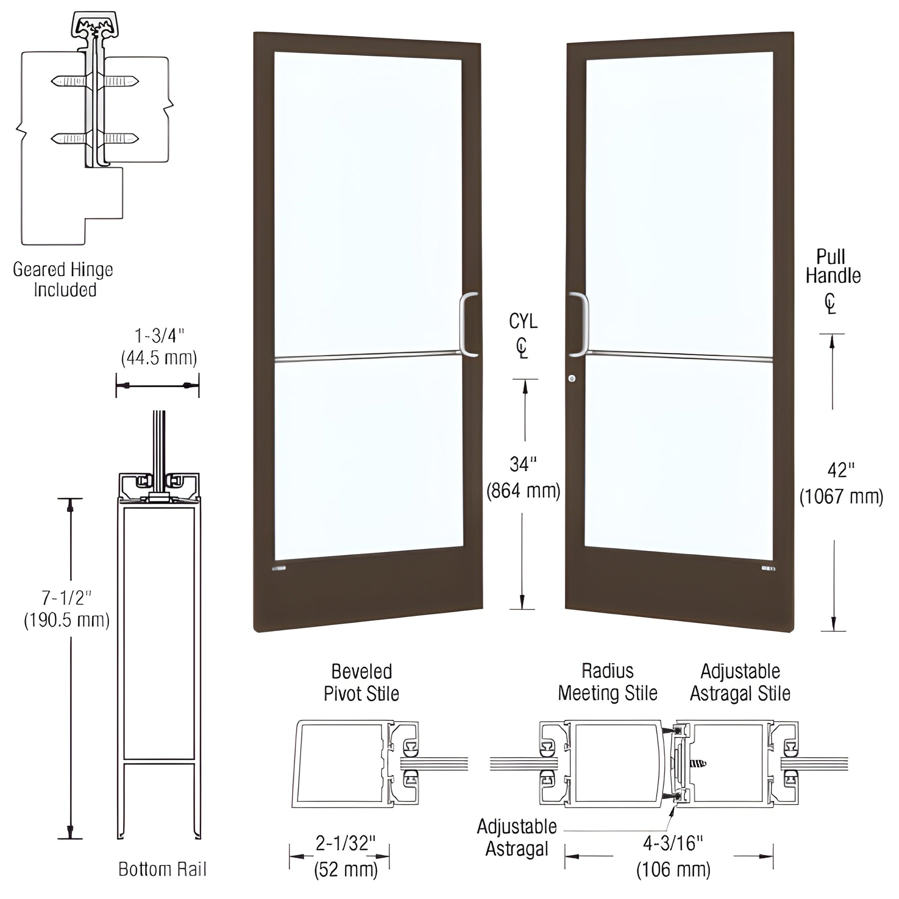 CRL-U.S. Aluminum Bronze Black Anodized Custom Pair Series 250 Narrow Stile Geared Hinge Entrance Doors for Surface Mount Door Closers