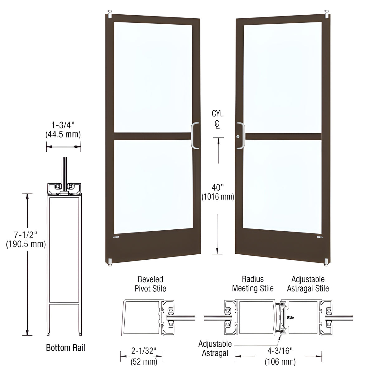 CRL-U.S. Aluminum Bronze Black Anodized Custom Pair Series 250 Narrow Stile Offset Pivot Entrance Doors With Panics for Surface Mount Door Closers