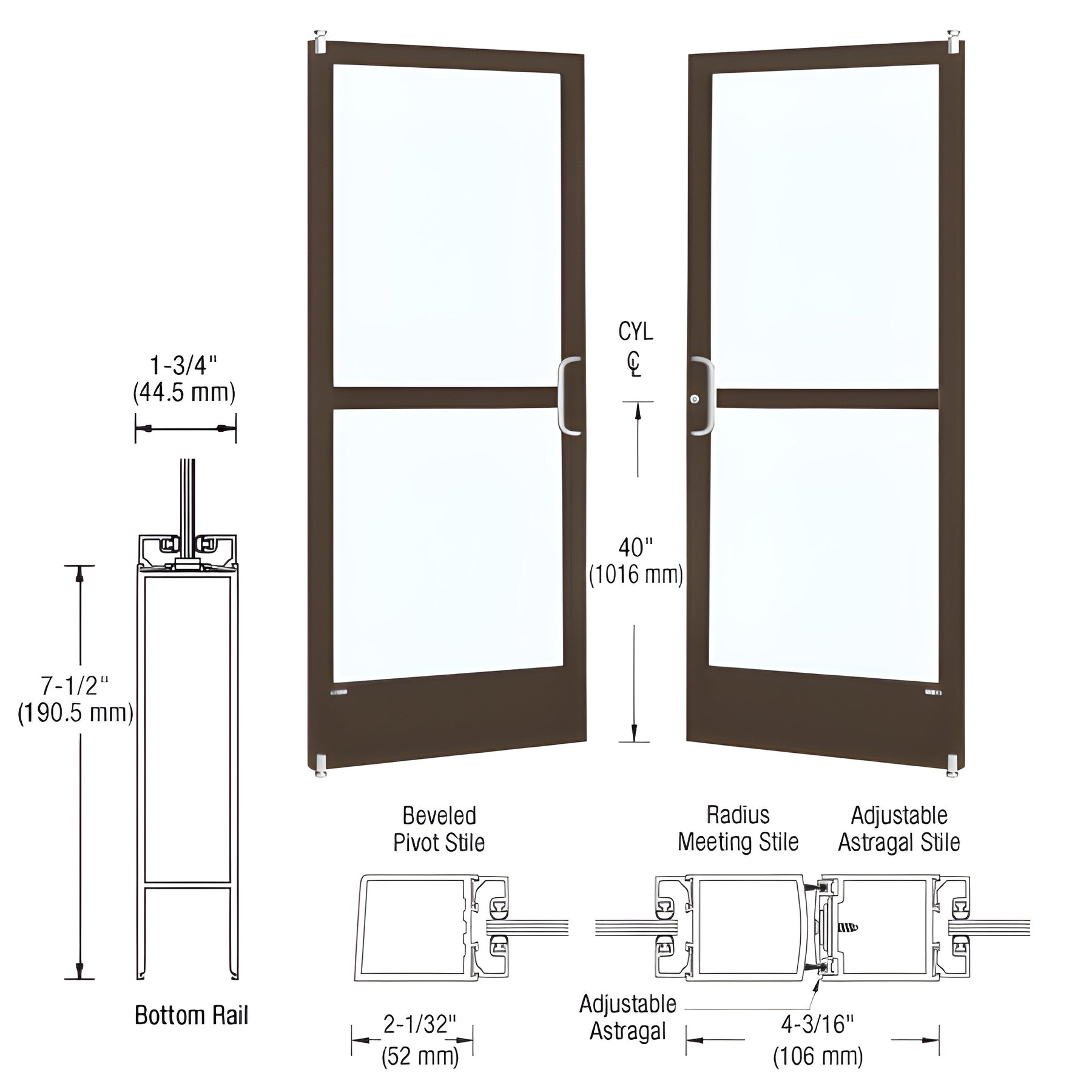 CRL-U.S. Aluminum Bronze Black Anodized Custom Pair Series 250 Narrow Stile Offset Pivot Entrance Doors With Panics for Surface Mount Door Closers