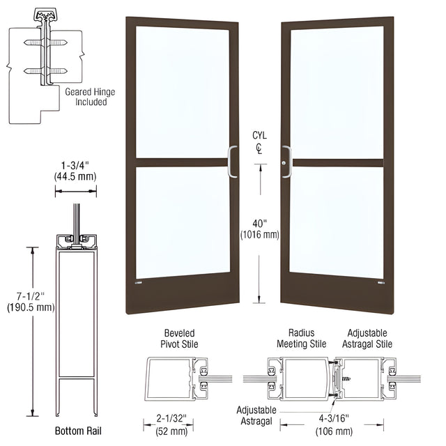 CRL-U.S. Aluminum Bronze Black Anodized Custom Pair Series 250 Narrow Stile Geared Hinge Entrance Doors With Panics for Surface Mount Door Closers