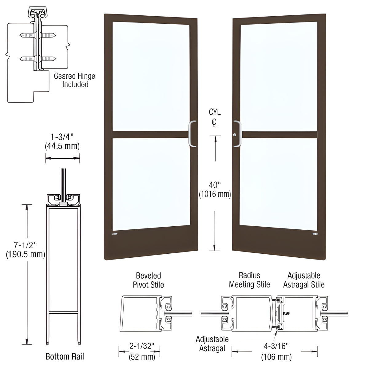 CRL-U.S. Aluminum Bronze Black Anodized Custom Pair Series 250 Narrow Stile Geared Hinge Entrance Doors With Panics for Surface Mount Door Closers