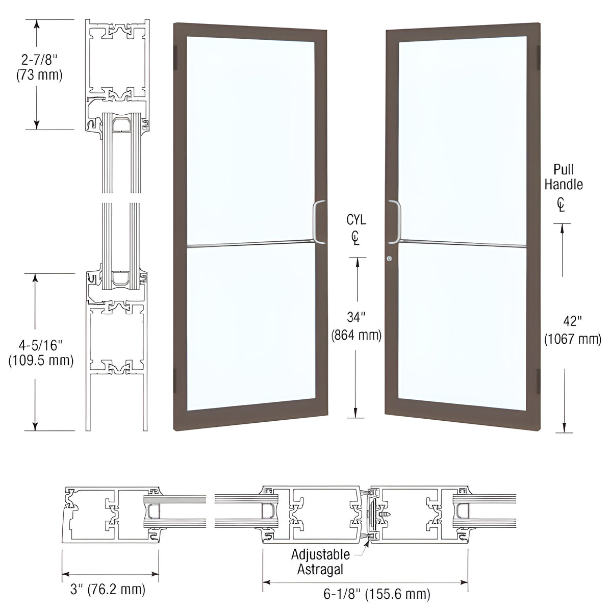 CRL-U.S. Aluminum Bronze Black Anodized Custom Pair Series 250T Narrow Stile Butt Hinge Thermal Entrance Doors for Surface Mount Door Closers