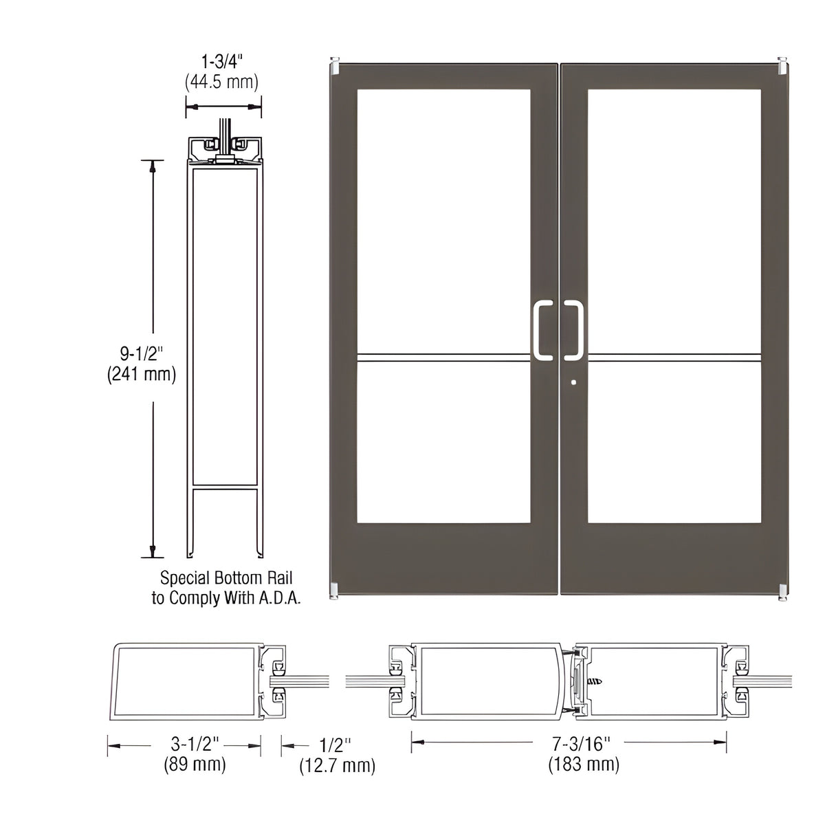 CRL-U.S. Aluminum Bronze Black Anodized Custom Pair Series 400 Medium Stile Offset Pivot Entrance Doors for Surface Mount Door Closers