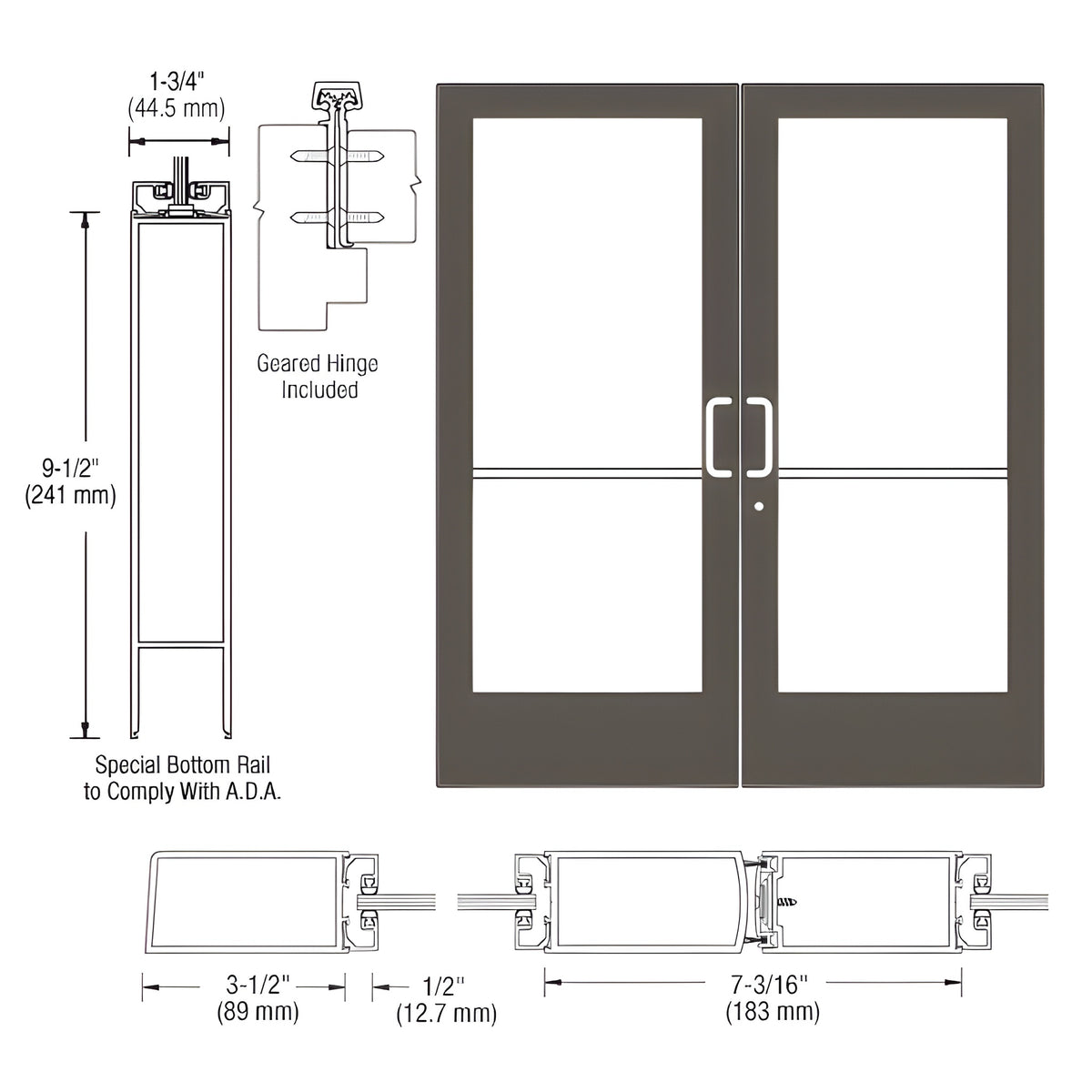 CRL-U.S. Aluminum Bronze Black Anodized Custom Pair Series 400 Medium Stile Geared Hinge Entrance Door for Surface Mount Door Closers