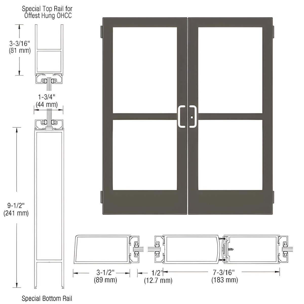 CRL-U.S. Aluminum Bronze Black Anodized Custom Pair Series 400 Medium Stile Butt Hinged Entrance Doors With Panics for Overhead Concealed Door Closers