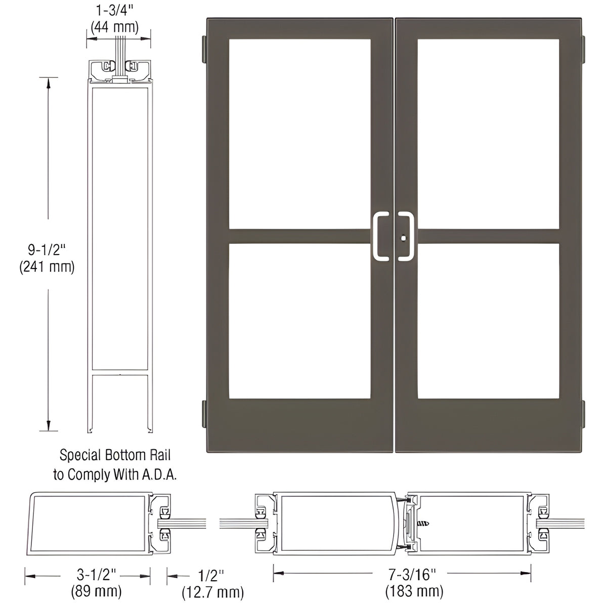 CRL-U.S. Aluminum Bronze Black Anodized Custom Pair Series 400 Medium Stile Butt Hinged Entrance Doors With Panics for Surface Mount Door Closers