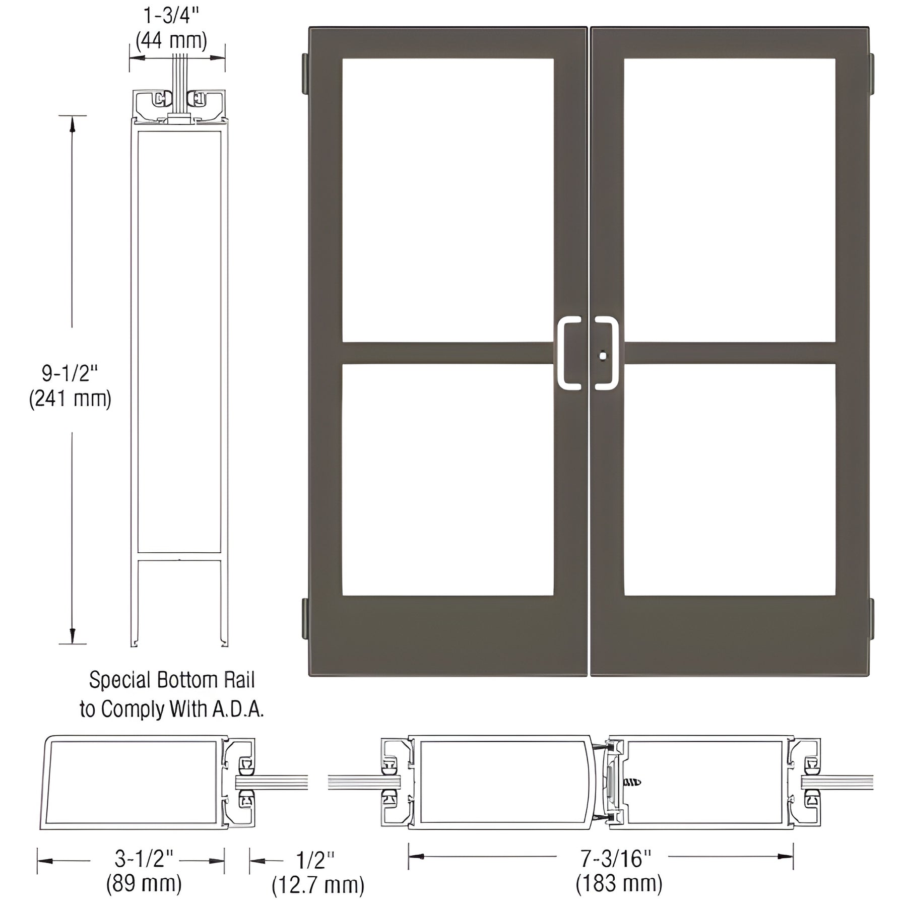 CRL-U.S. Aluminum Bronze Black Anodized Custom Pair Series 400 Medium Stile Butt Hinged Entrance Doors With Panics for Surface Mount Door Closers