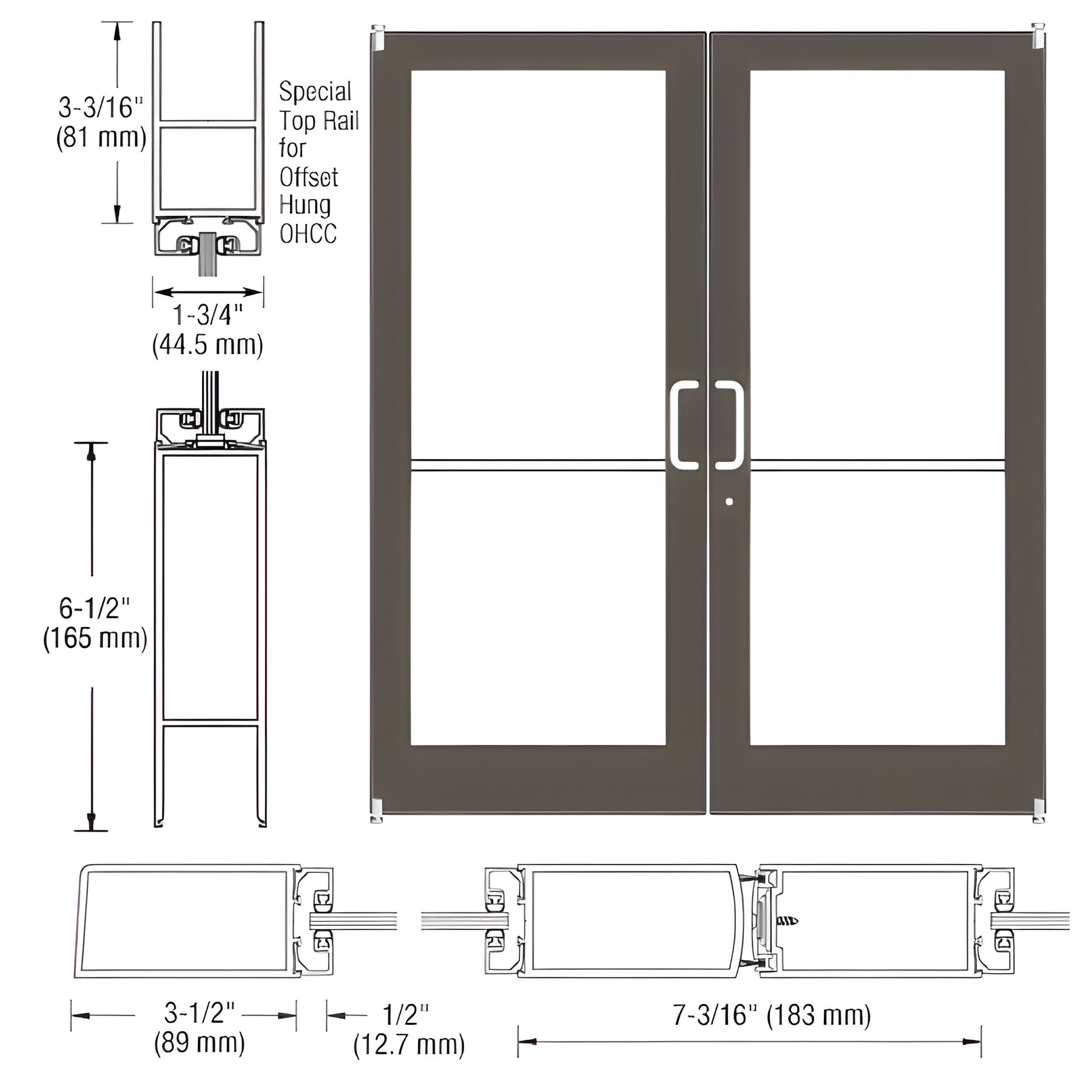 CRL-U.S. Aluminum Bronze Black Anodized Custom Pair Series 400 Medium Stile Offset Pivot Entrance Doors for Overhead Concealed Door Closers