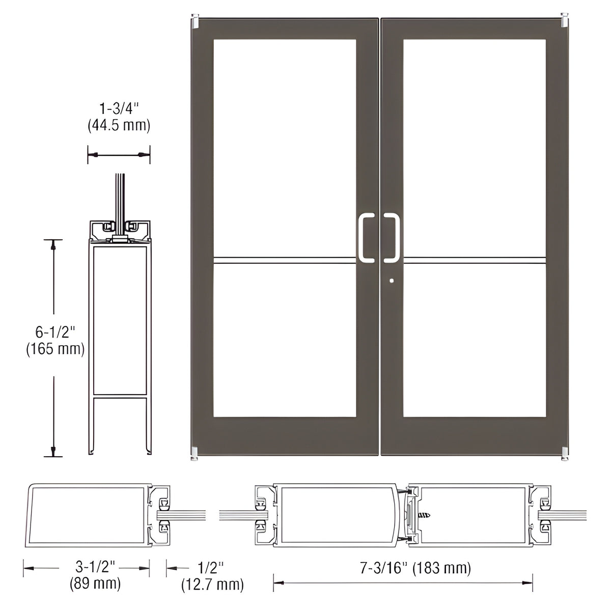 CRL-U.S. Aluminum Bronze Black Anodized Custom Pair Series 400 Medium Stile Offset Pivot Entrance Doors for Surface Mount Door Closers