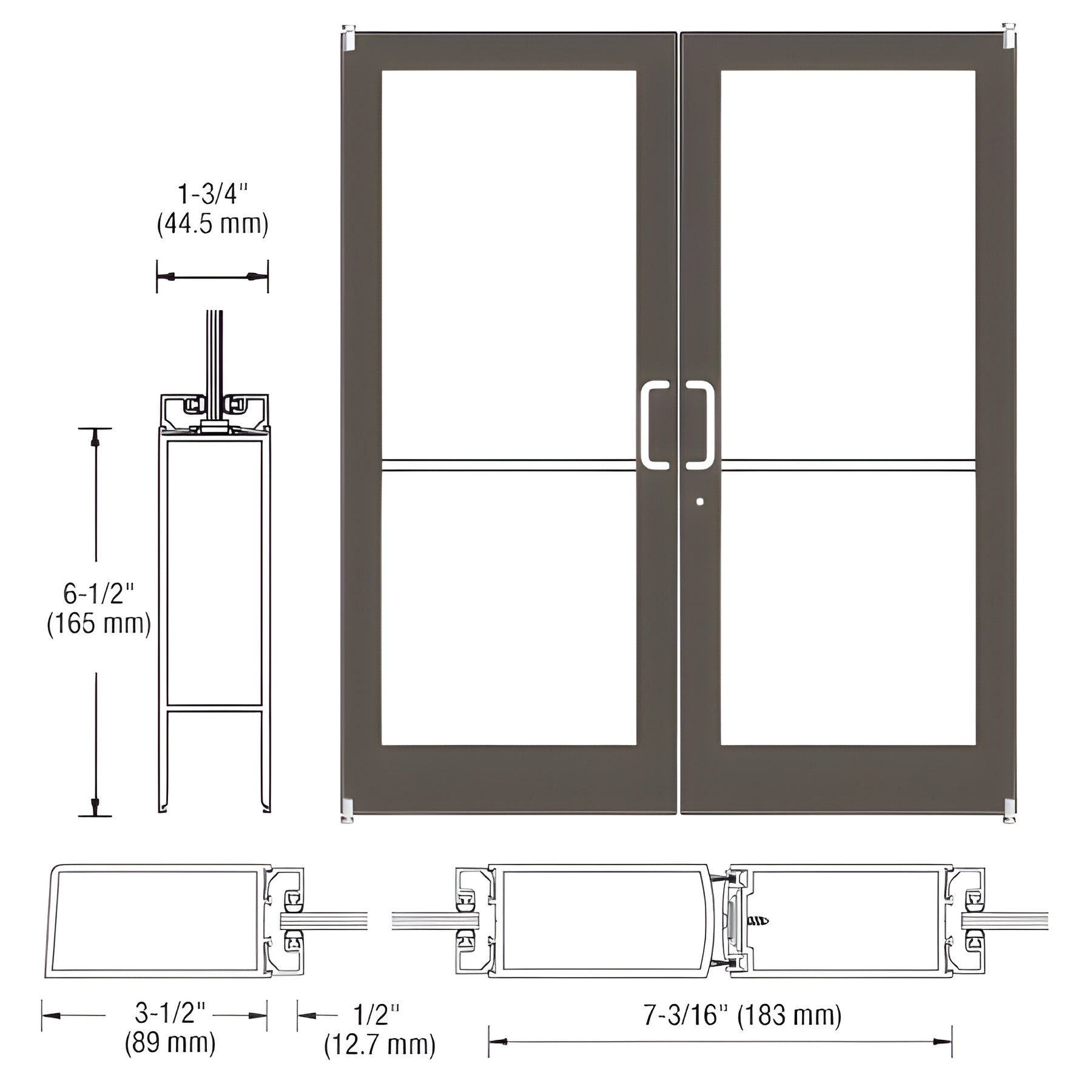 CRL-U.S. Aluminum Bronze Black Anodized Custom Pair Series 400 Medium Stile Offset Pivot Entrance Doors for Surface Mount Door Closers