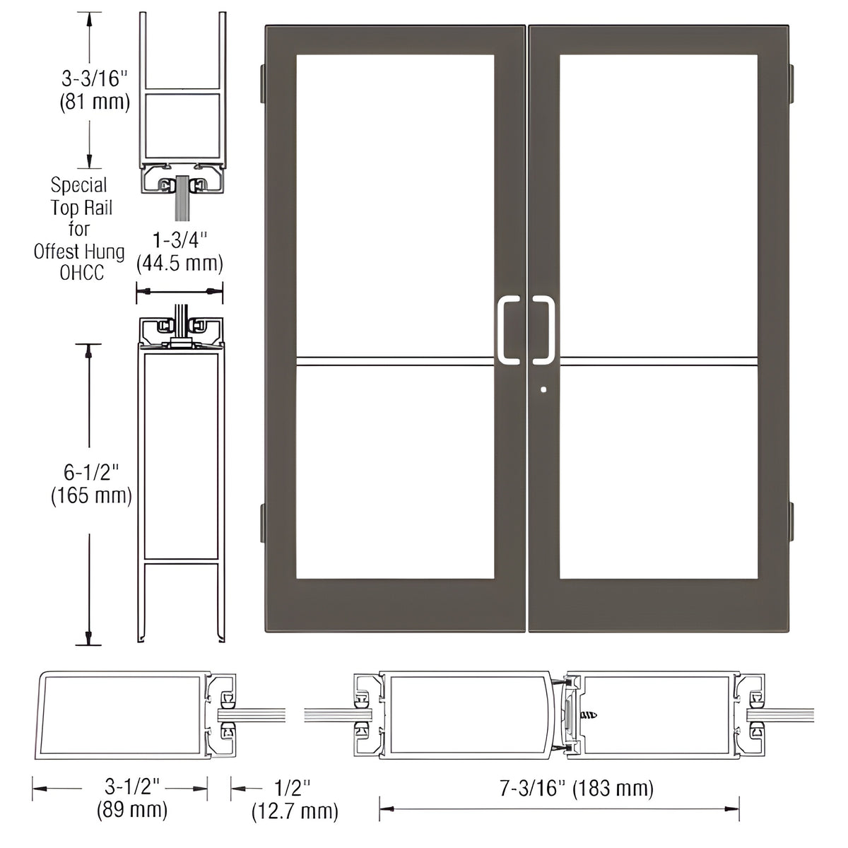 CRL-U.S. Aluminum Bronze Black Anodized Custom Pair Series 400 Medium Stile Butt Hinged Entrance Door for Overhead Concealed Door Closers
