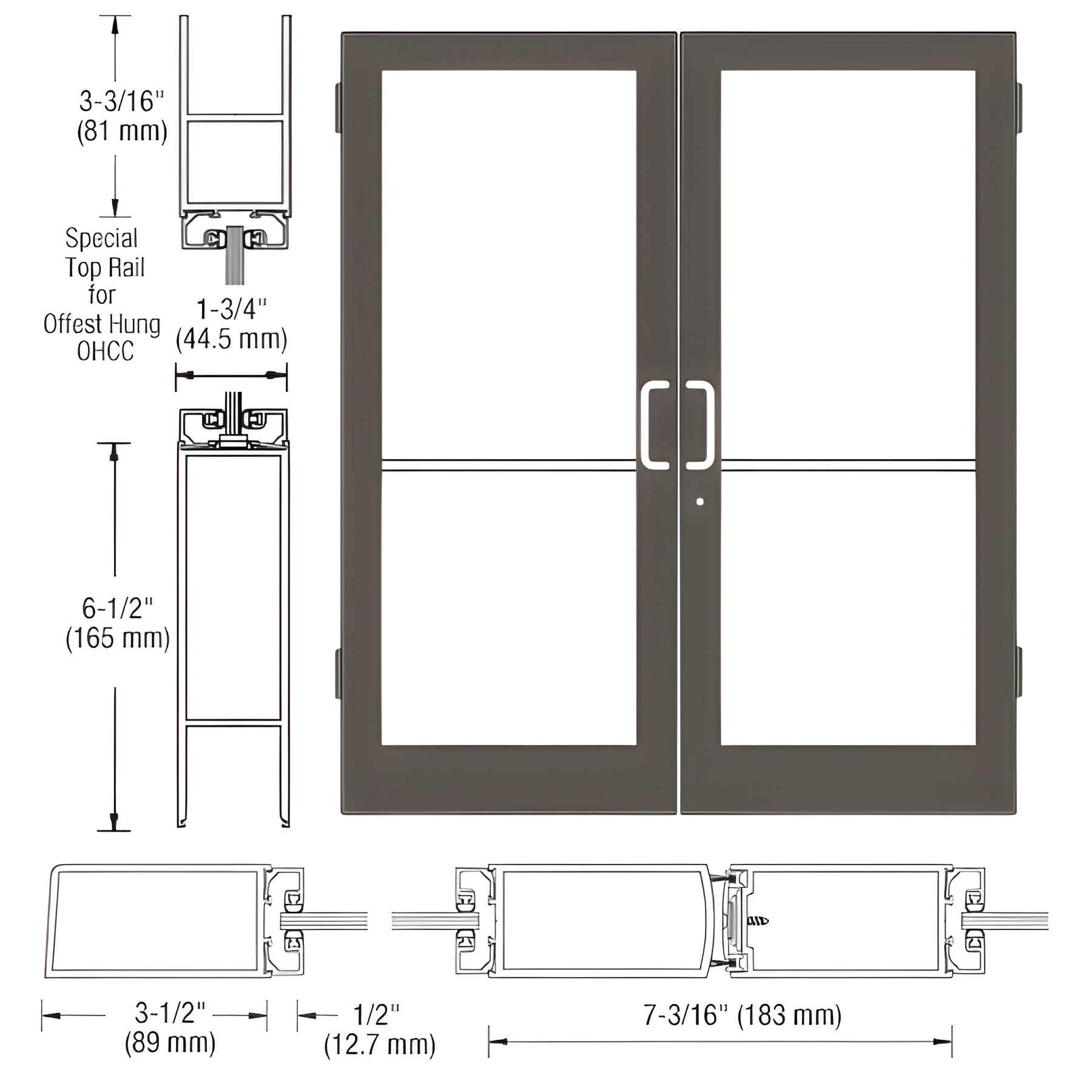 CRL-U.S. Aluminum Bronze Black Anodized Custom Pair Series 400 Medium Stile Butt Hinged Entrance Door for Overhead Concealed Door Closers