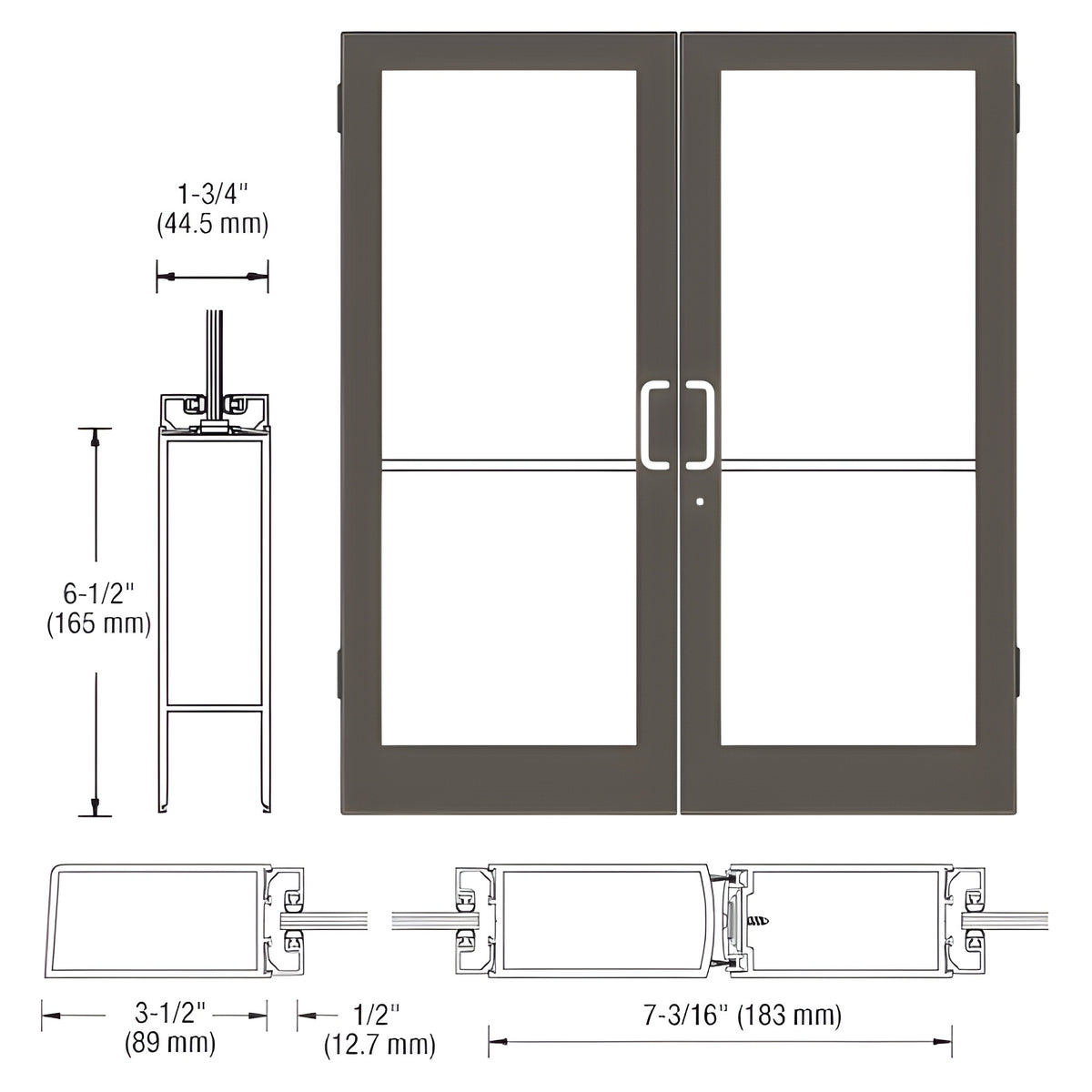 CRL-U.S. Aluminum Bronze Black Anodized Custom Pair Series 400 Medium Stile Butt Hinged Entrance Doors for Surface Mount Door Closers