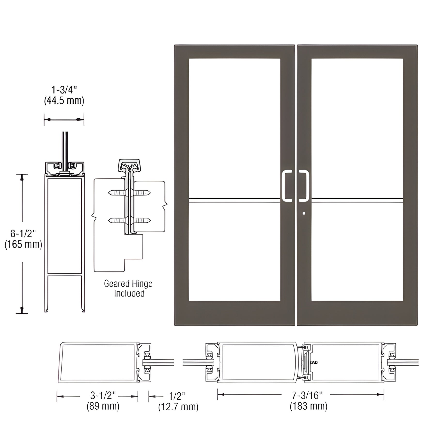 CRL-U.S. Aluminum Bronze Black Anodized Custom Pair Series 400 Medium Stile Geared Hinge Entrance Doors for Surface Mount Door Closers