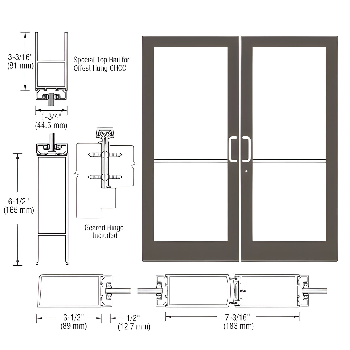 CRL-U.S. Aluminum Bronze Black Anodized Custom Pair Series 400 Medium Stile Geared Hinge Entrance Doors for Overhead Concealed Door Closers