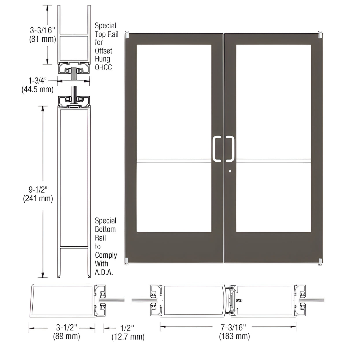 CRL-U.S. Aluminum Bronze Black Anodized Custom Pair Series 400 Medium Stile Offset Pivot Entrance Doors for Overhead Concealed Door Closers
