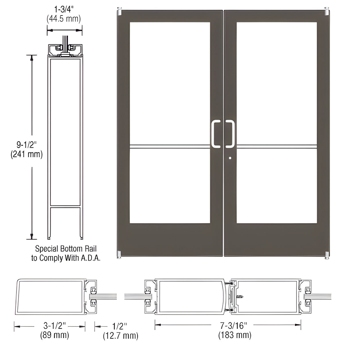 CRL-U.S. Aluminum Bronze Black Anodized Custom Pair Series 400 Medium Stile Offset Pivot Entrance Doors for Surface Mount Door Closer