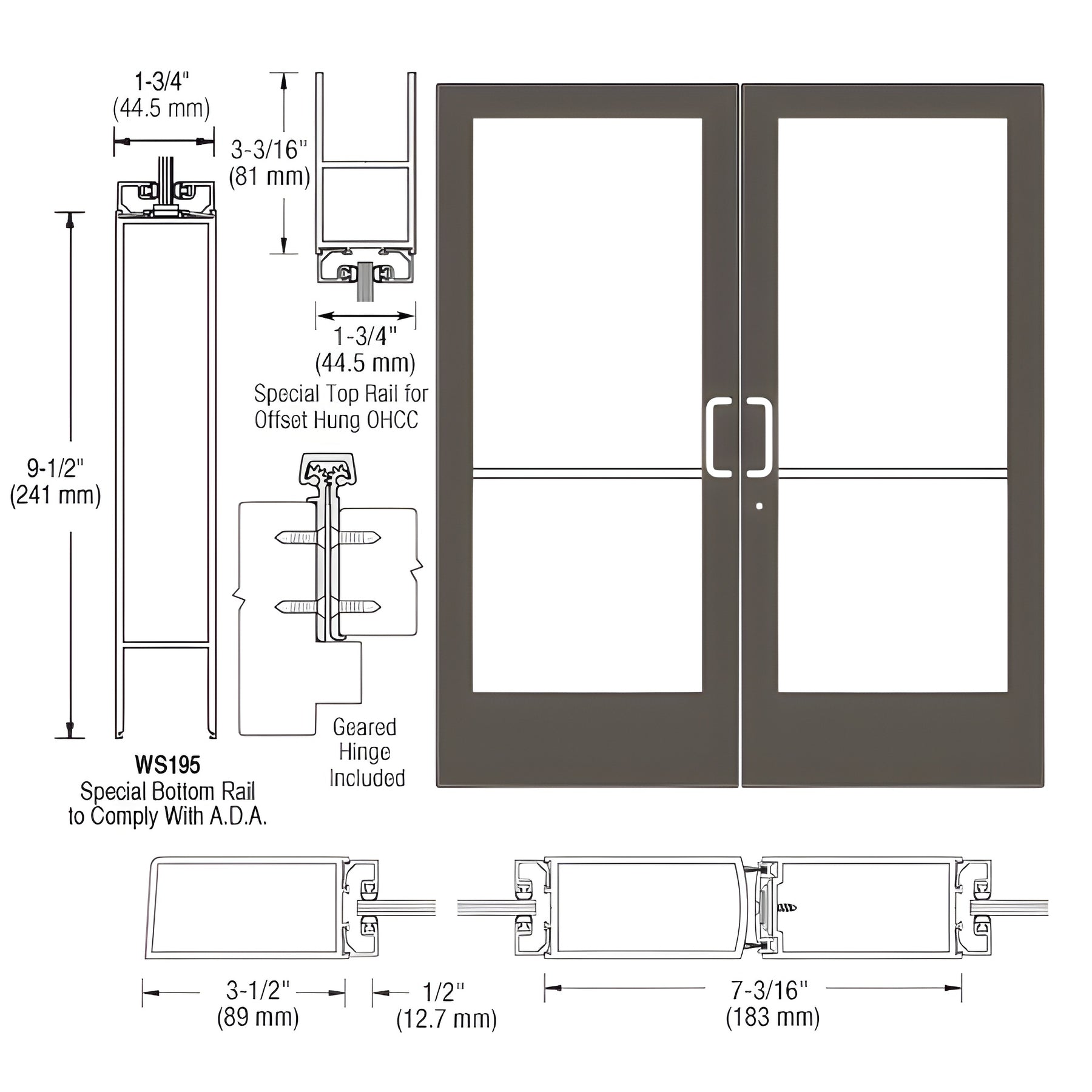 CRL-U.S. Aluminum Bronze Black Anodized Custom Pair Series 400 Medium Stile Offset Hung Geared Hinge Entrance Doors for Overhead Concealed Door Closers