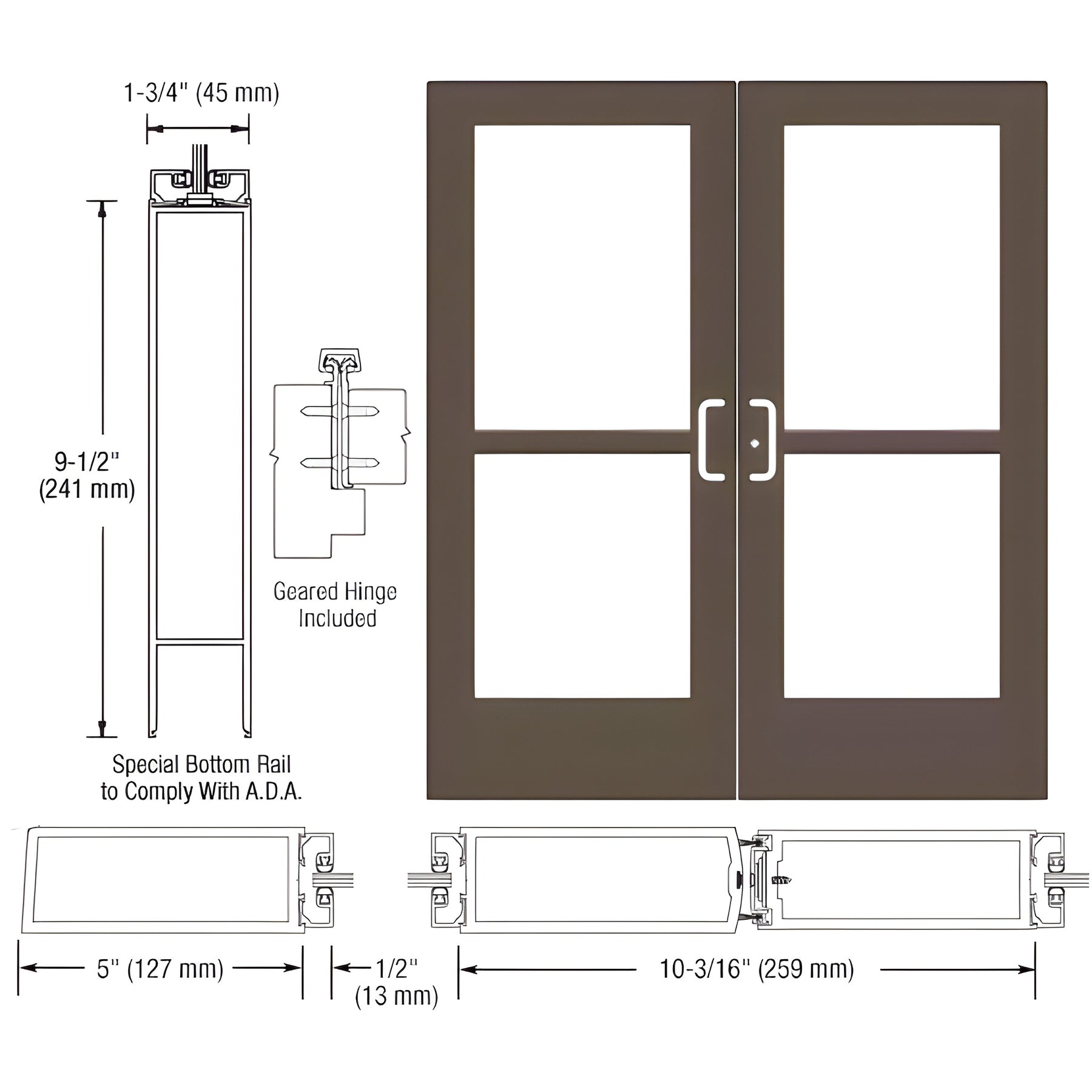 CRL-U.S. Aluminum Bronze Black Anodized Custom Pair Series 550 Wide Stile Geared Hinge Entrance Doors With Panics for Surface Mount Door Closers