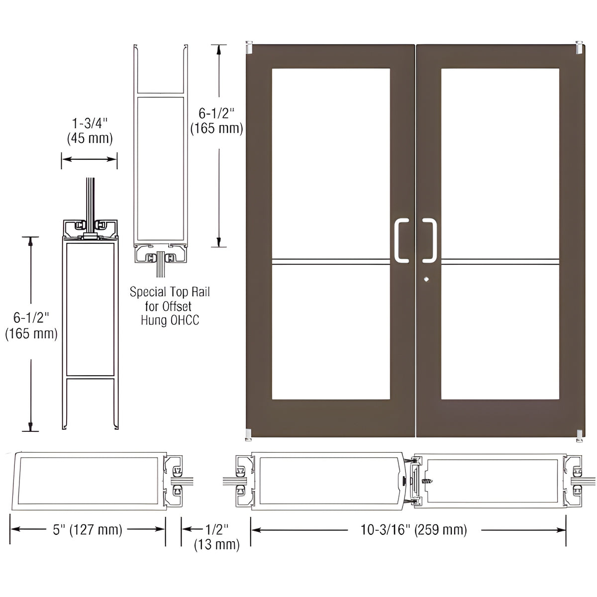CRL-U.S. Aluminum Bronze Black Anodized Custom Pair Series 550 Wide Stile Offset Pivot Entrance Door for Overhead Concealed Door Closers