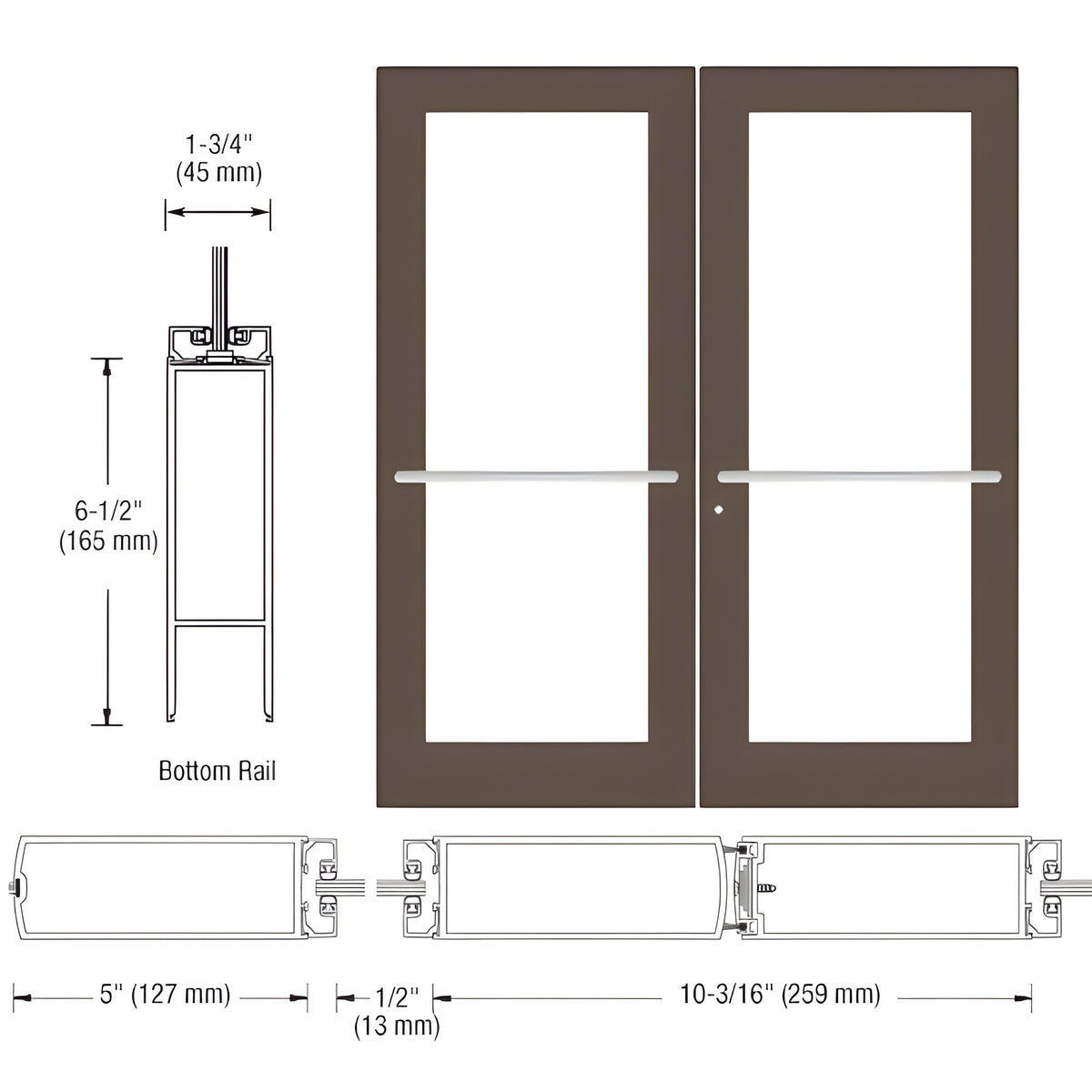 CRL-U.S. Aluminum Bronze Black Anodized Custom Pair Series 550 Wide Stile Center Pivot Entrance Door for Overhead Concealed Door Closers