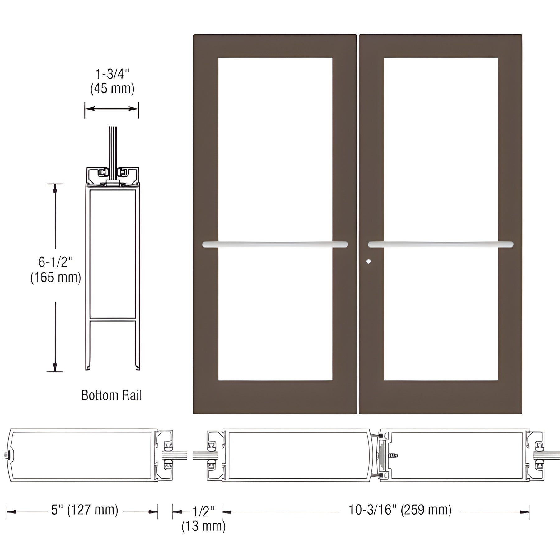 CRL-U.S. Aluminum Bronze Black Anodized Custom Pair Series 550 Wide Stile Center Pivot Entrance Door for Overhead Concealed Door Closers